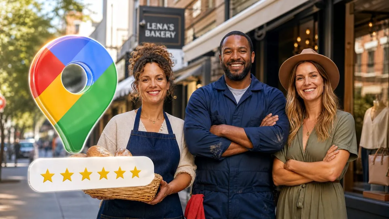 Local business owners outside their shops with strong Google Maps ratings